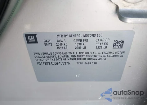 2013 Chevrolet Malibu 2Lt из США, поврежденный, VIN 1G11E5SA6DF165376